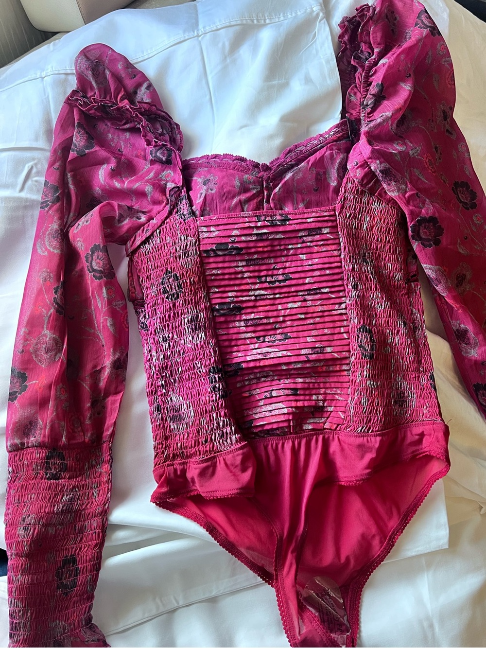 Free People Magenta Floral Smocked Long-Sleeve One-Piece